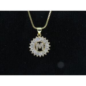 Gold Tone Rhinestone Letter M Necklace  20" Neutral Minimalist Dainty Elegant